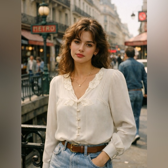 Vintage Tops - Vintage Cream floral embroidery Blouse Lace Detail feminine romantic